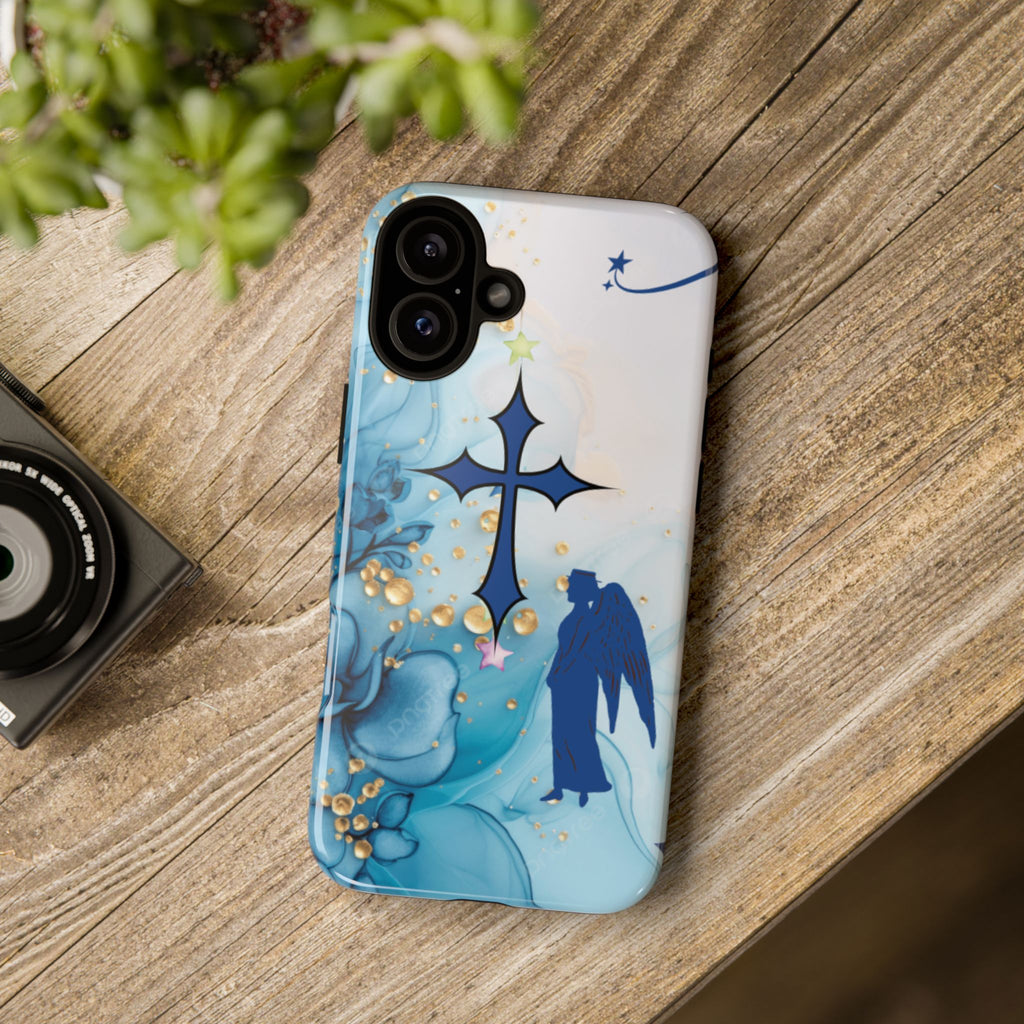 Blue Angel Cross Phone Case — Floral Guardian iPhone Cover