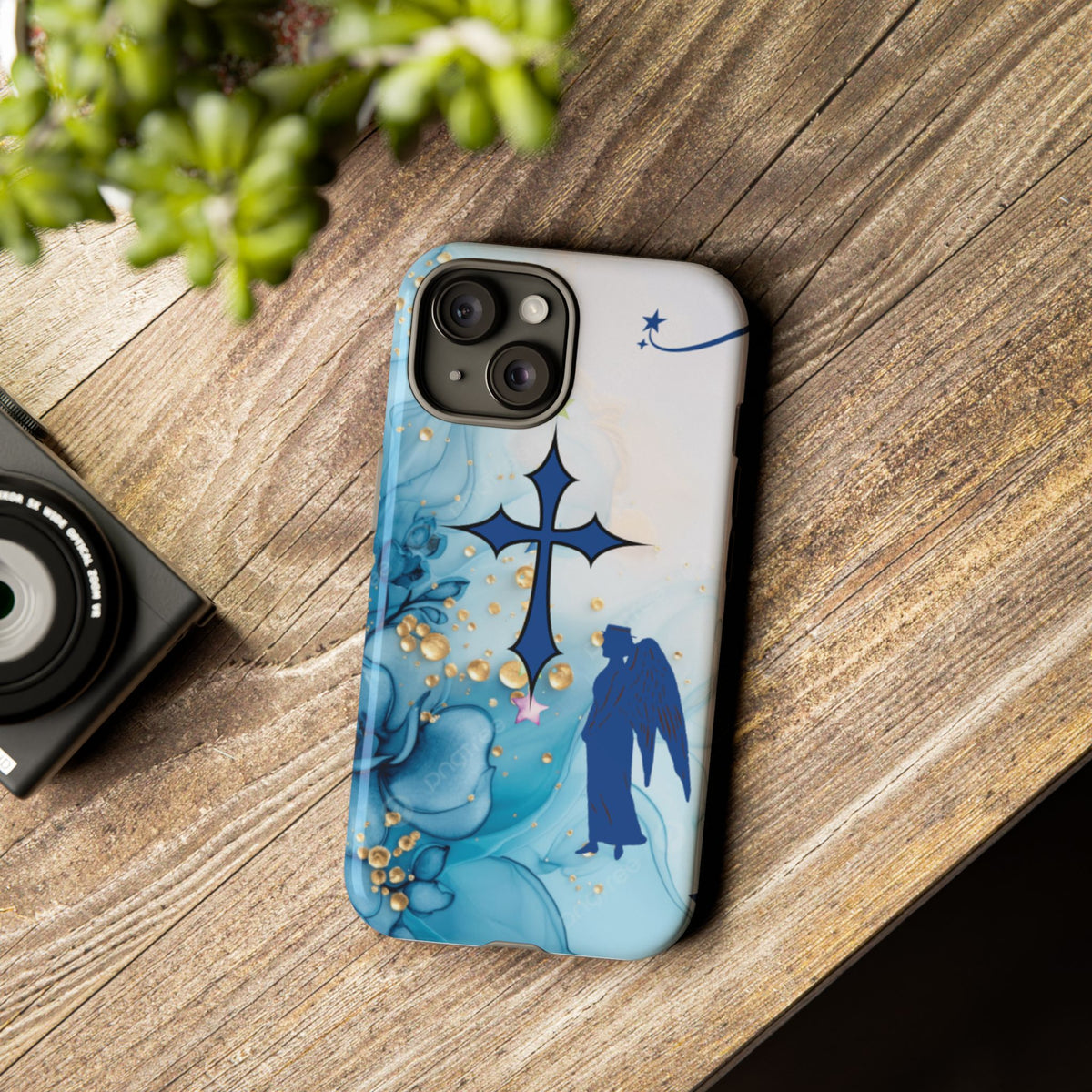 Blue Angel Cross Phone Case — Floral Guardian iPhone Cover