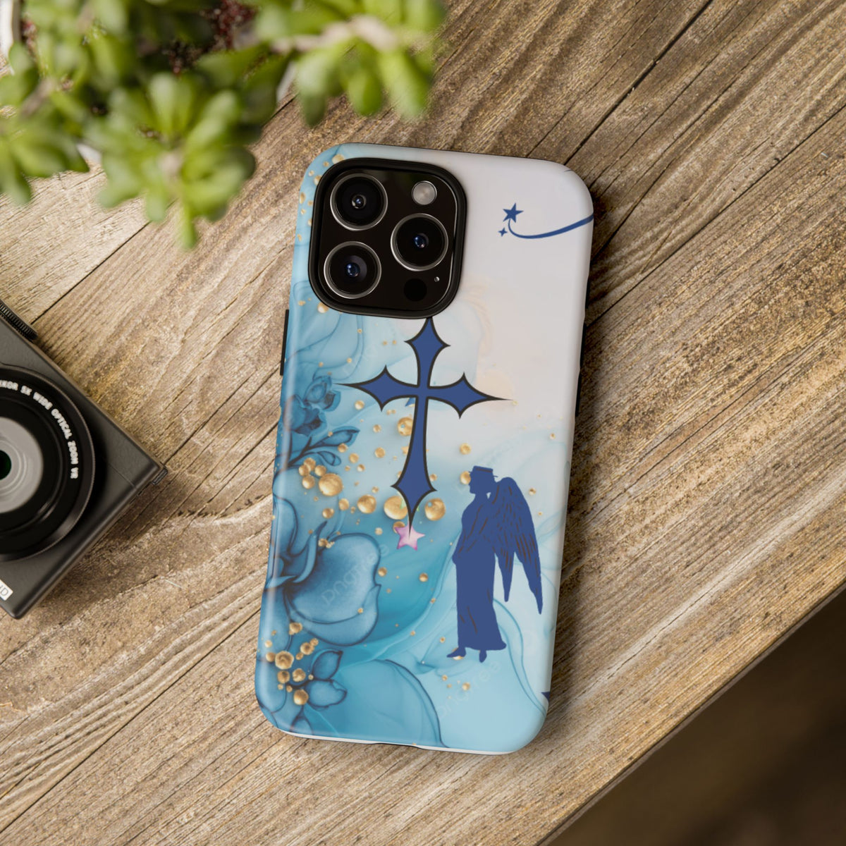 Blue Angel Cross Phone Case — Floral Guardian iPhone Cover