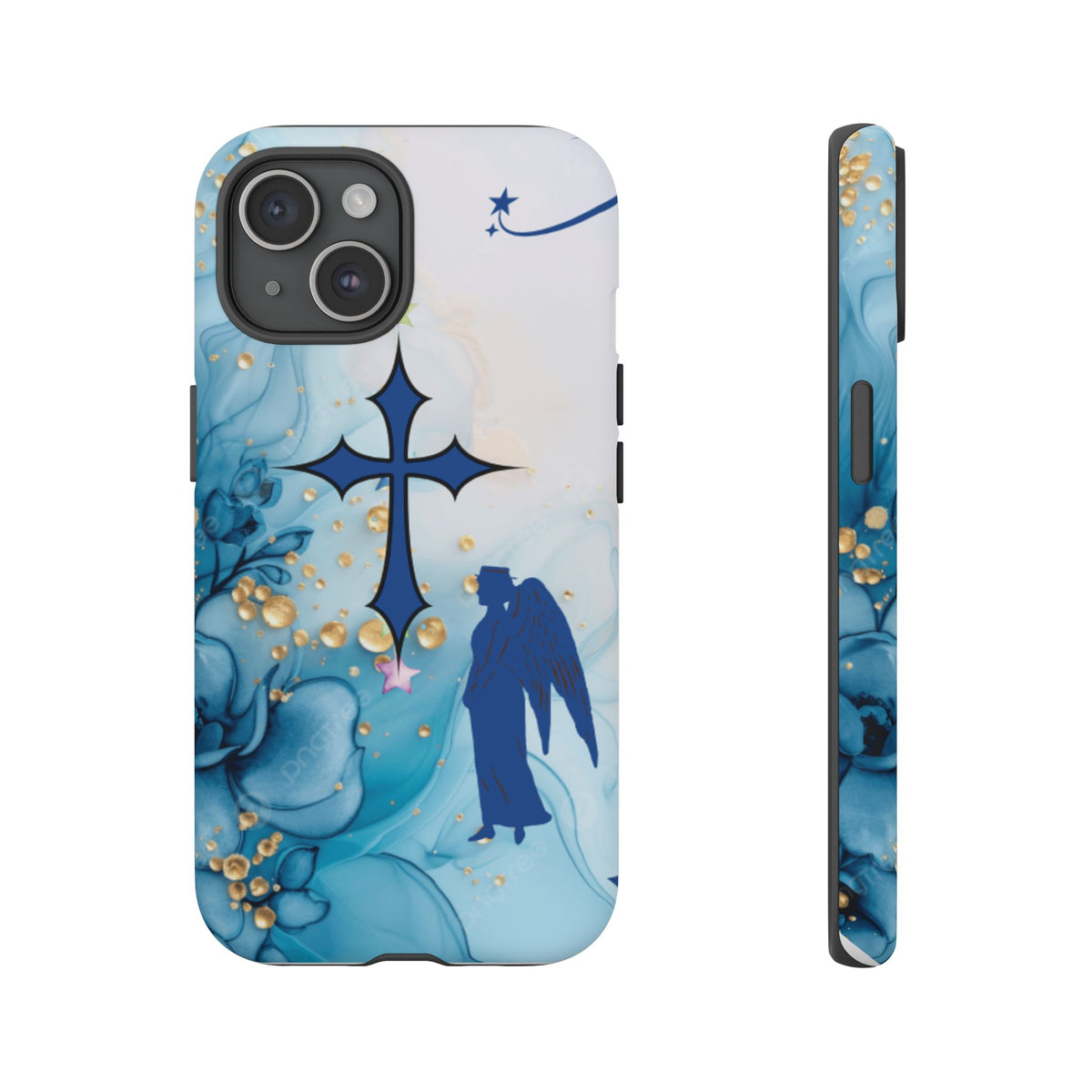 Blue floral angel tough phone case – back view