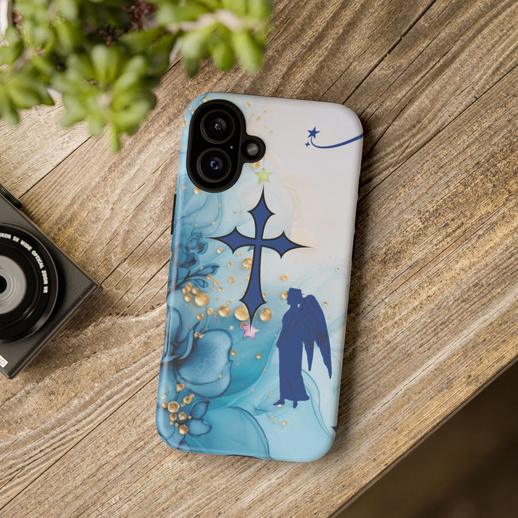 Blue Angel Cross Phone Case — Floral Guardian iPhone Cover