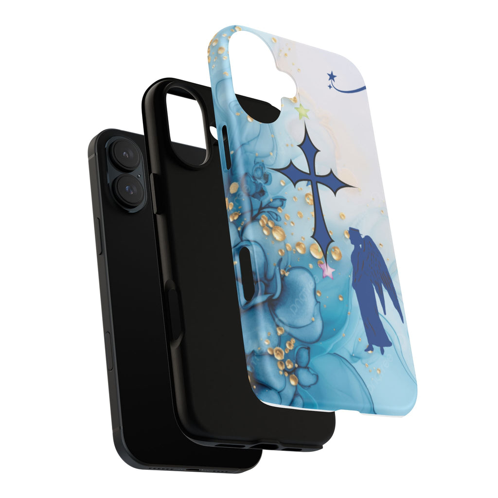 Blue Angel Cross Phone Case — Floral Guardian iPhone Cover