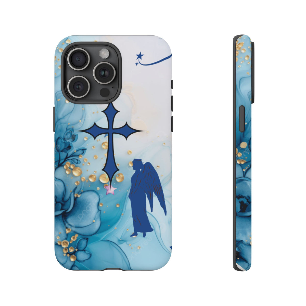 Blue Angel Cross Phone Case — Floral Guardian iPhone Cover