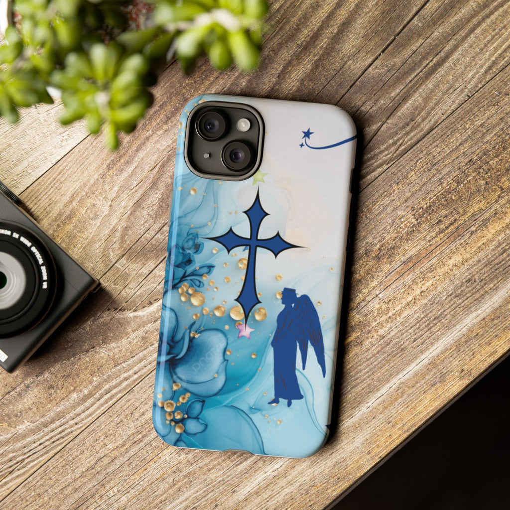 Blue Angel Cross Phone Case — Floral Guardian iPhone Cover