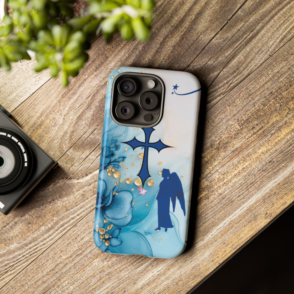 Blue Angel Cross Phone Case — Floral Guardian iPhone Cover
