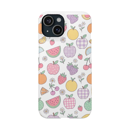 Pastel fruit slim iPhone case with strawberries, apples and watermelon