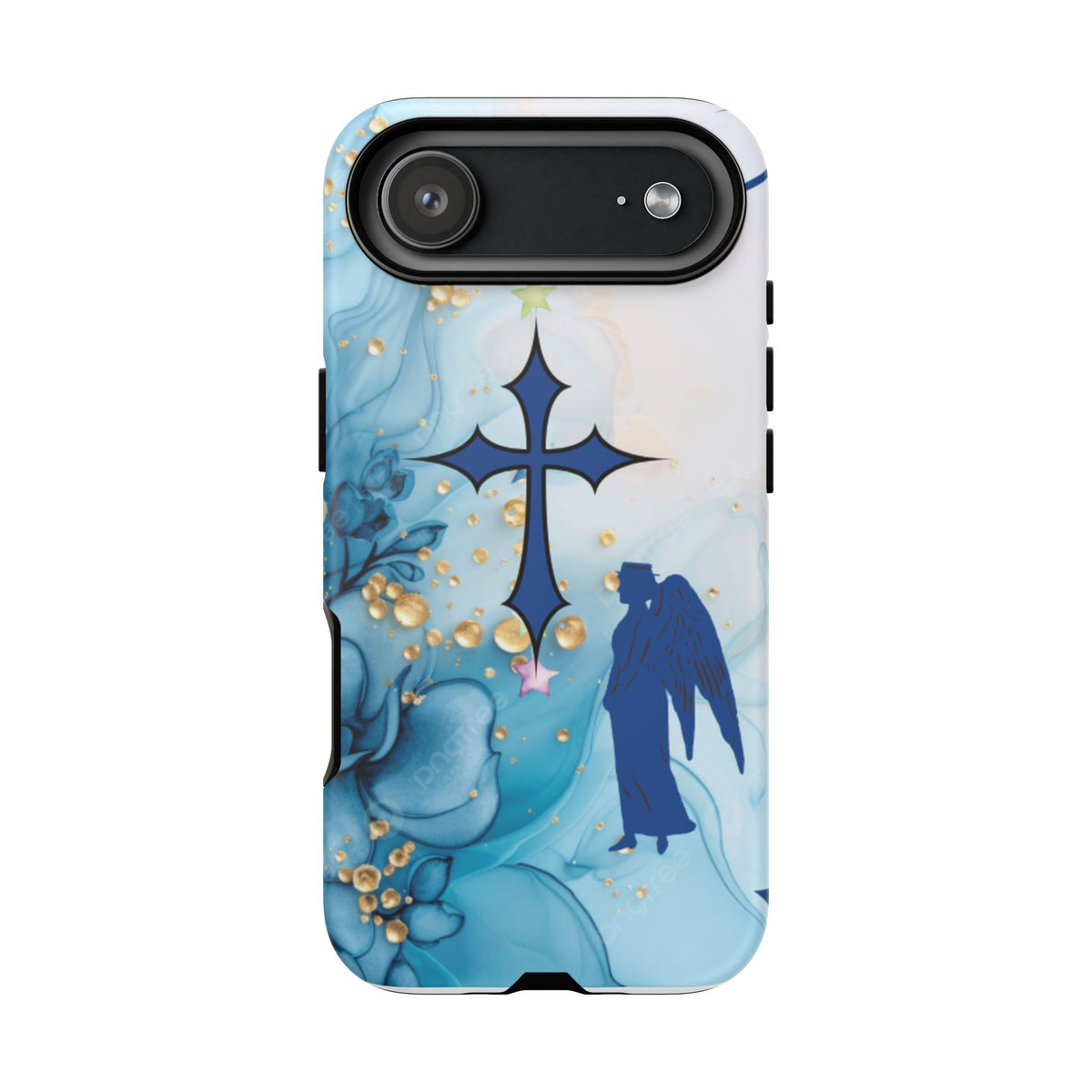Blue Angel Cross Phone Case — Floral Guardian iPhone Cover