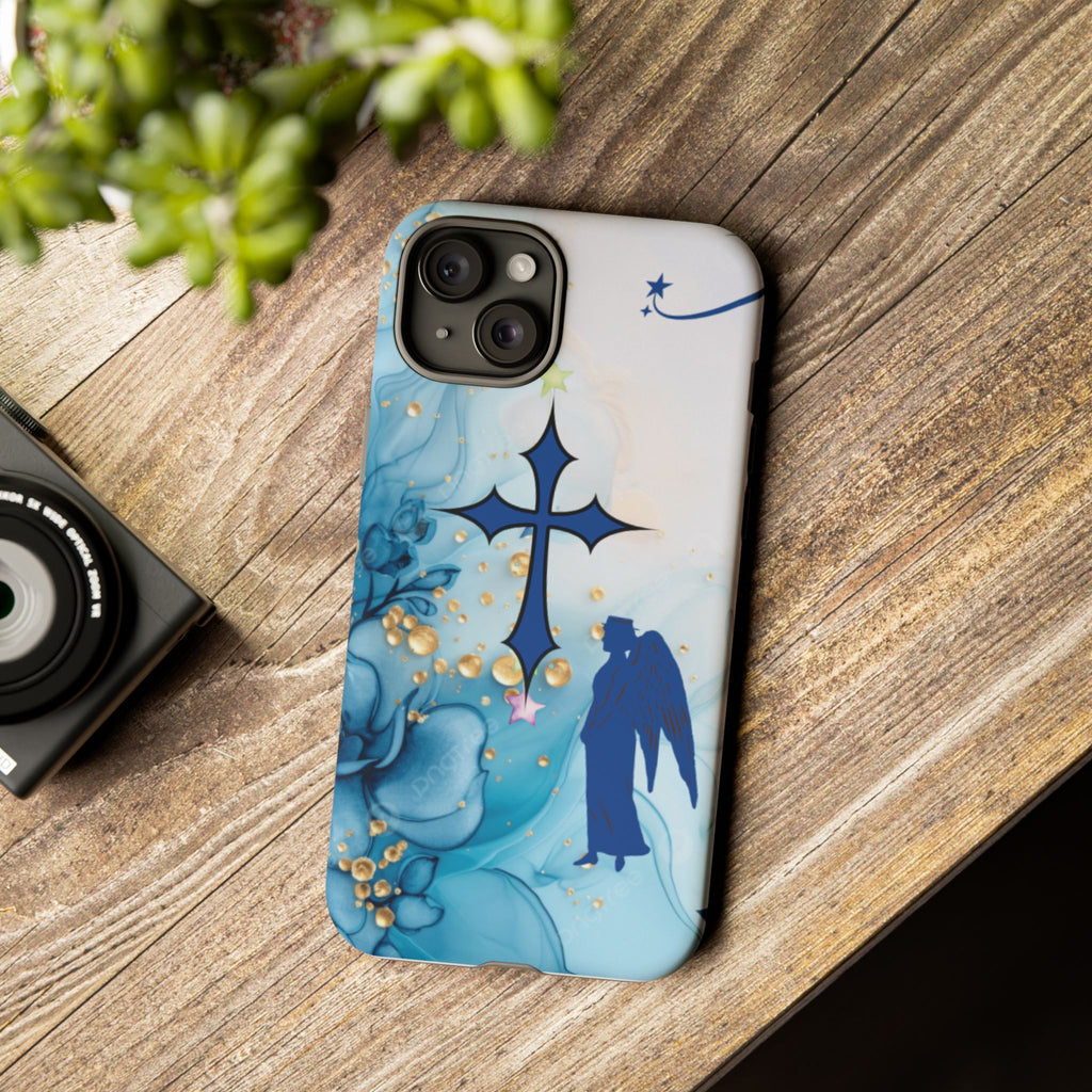 Blue Angel Cross Phone Case — Floral Guardian iPhone Cover
