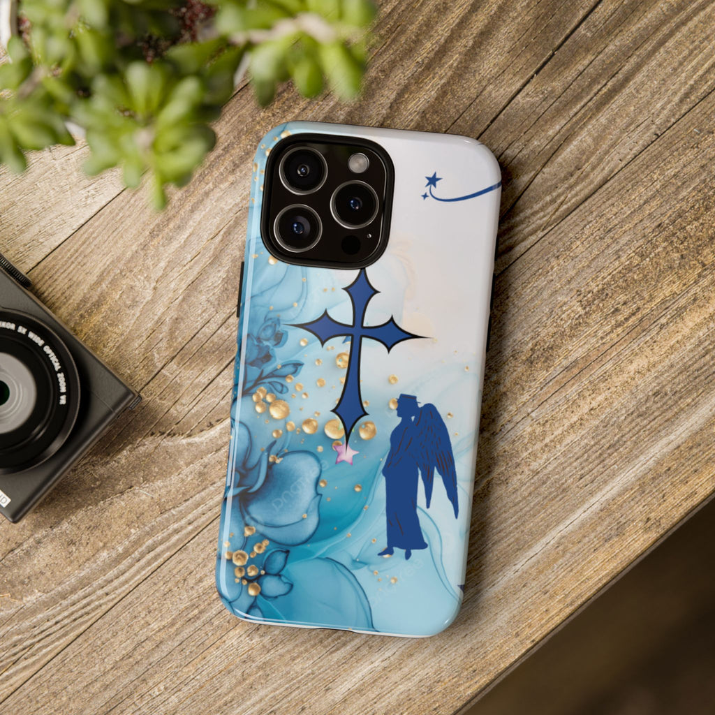 Blue Angel Cross Phone Case — Floral Guardian iPhone Cover