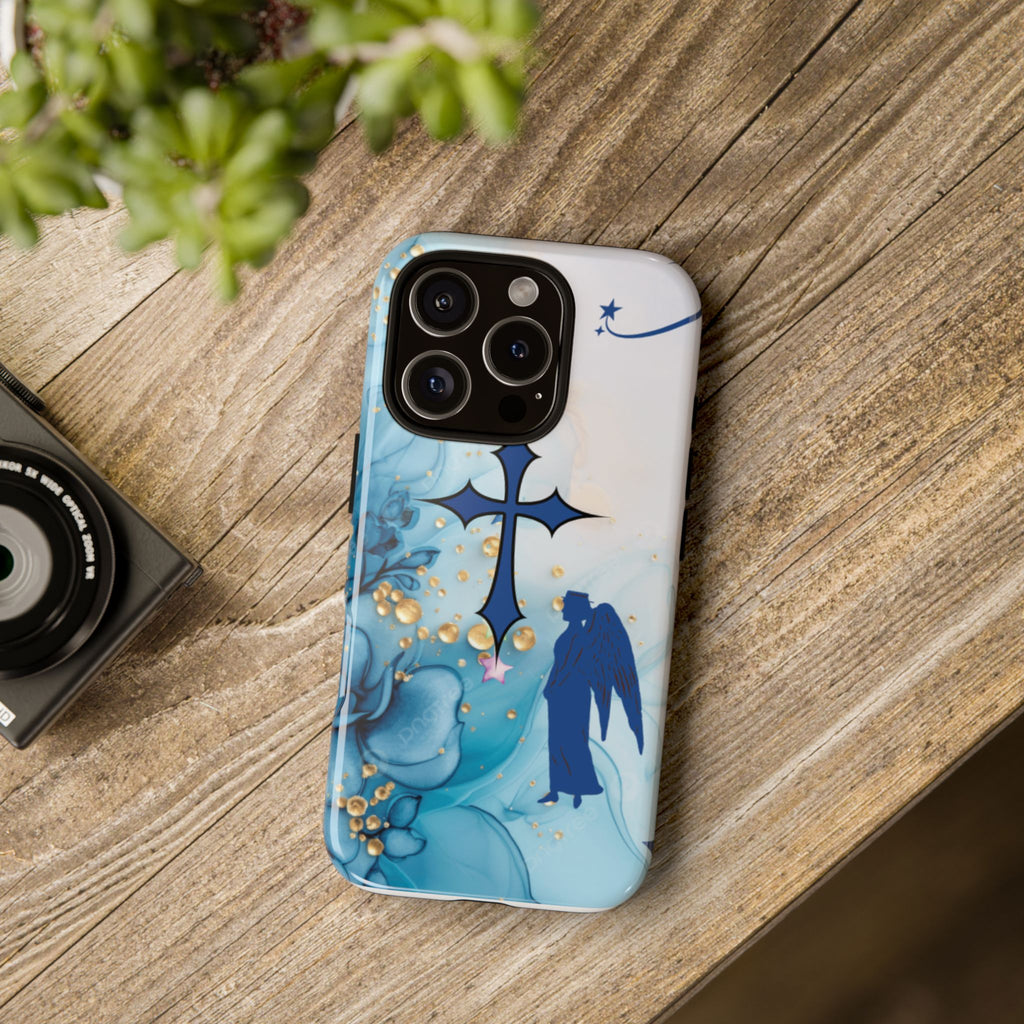 Blue Angel Cross Phone Case — Floral Guardian iPhone Cover