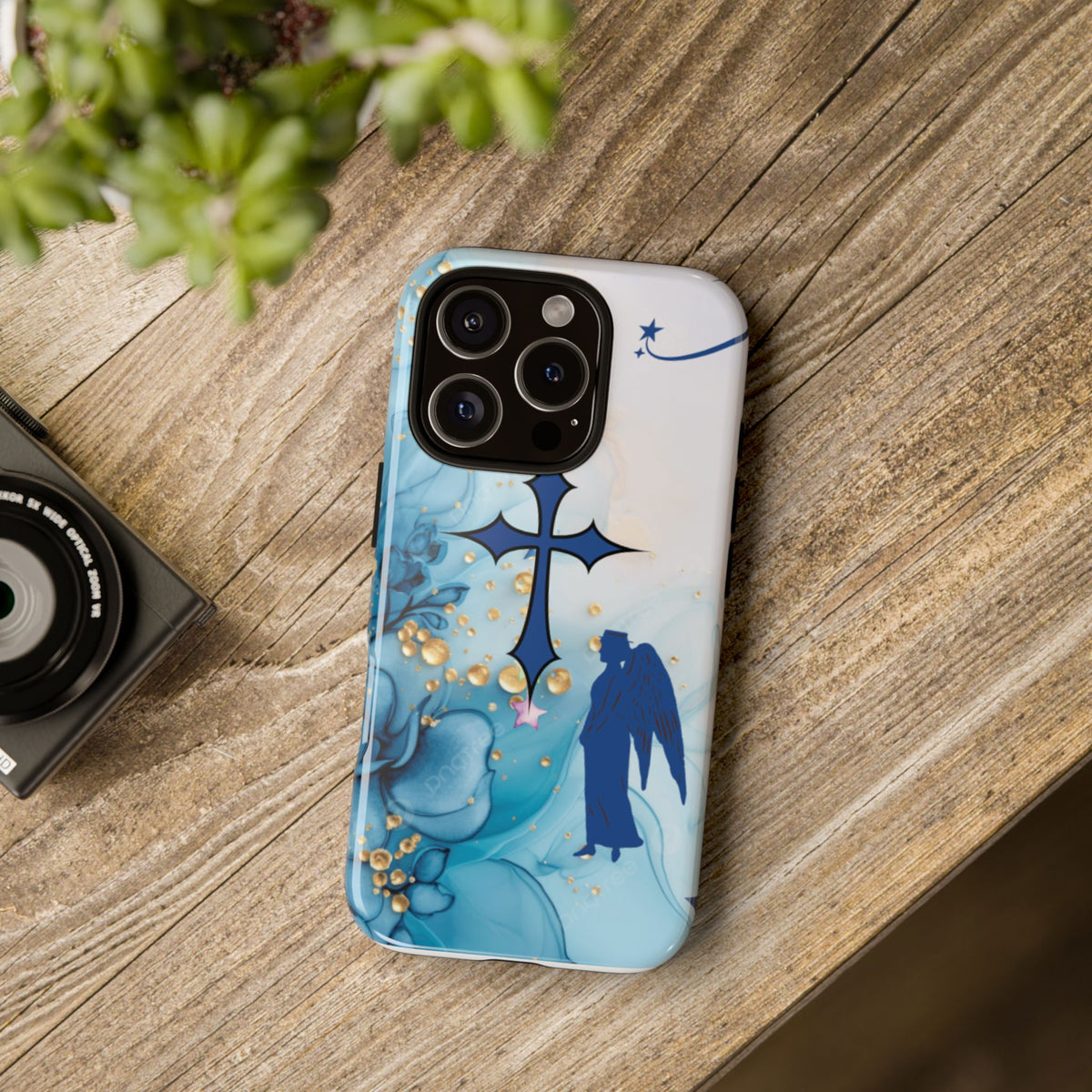 Blue Angel Cross Phone Case — Floral Guardian iPhone Cover