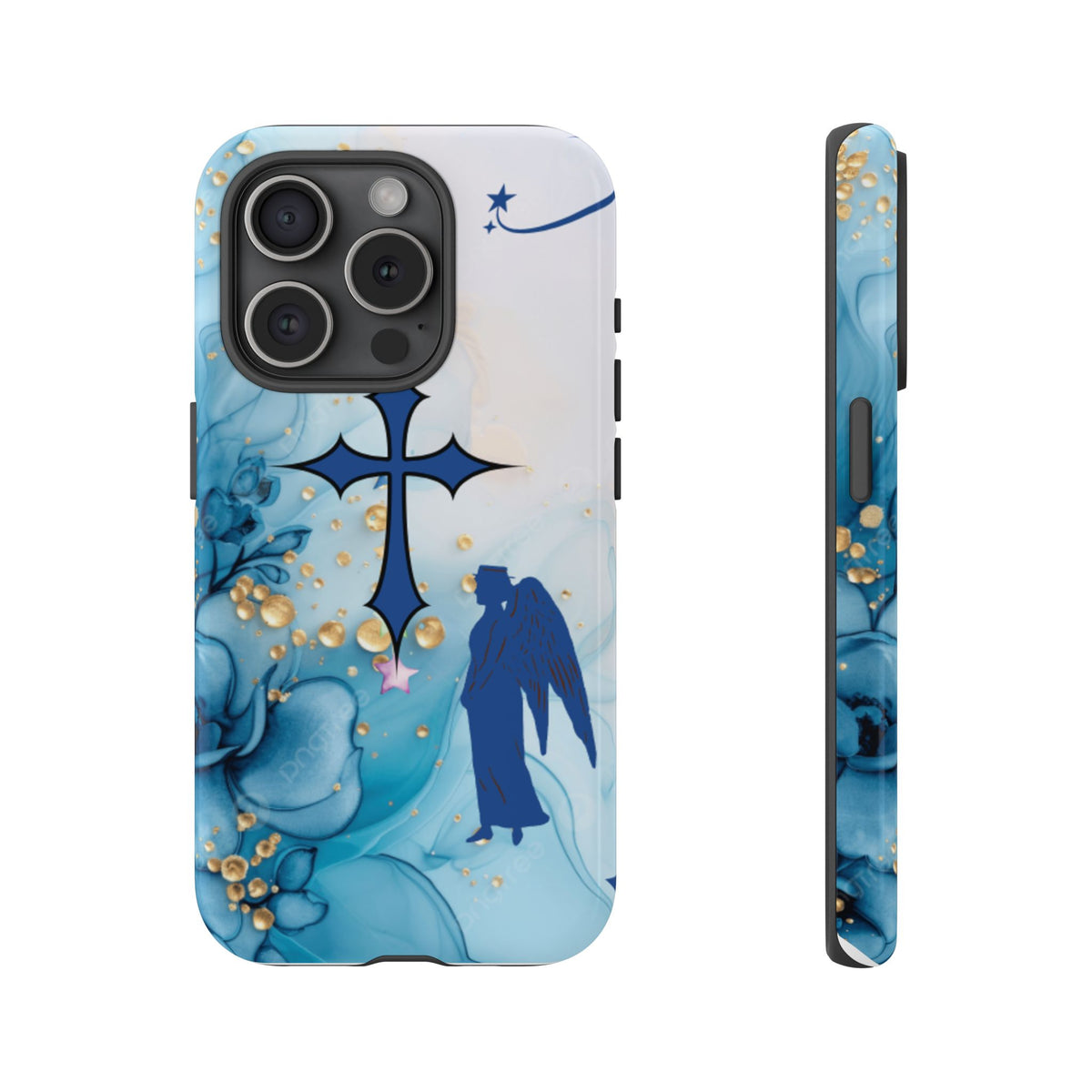 Blue Angel Cross Phone Case — Floral Guardian iPhone Cover