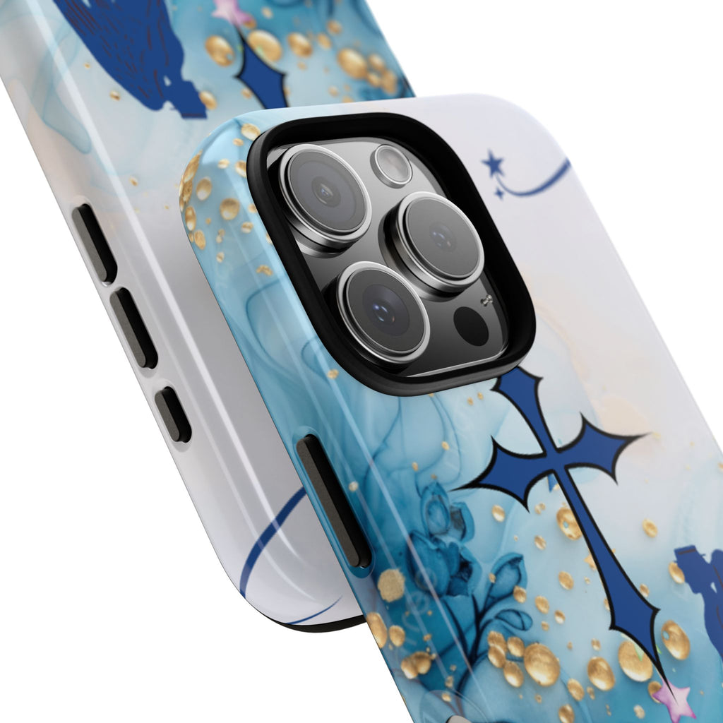 Blue Angel Cross Phone Case — Floral Guardian iPhone Cover