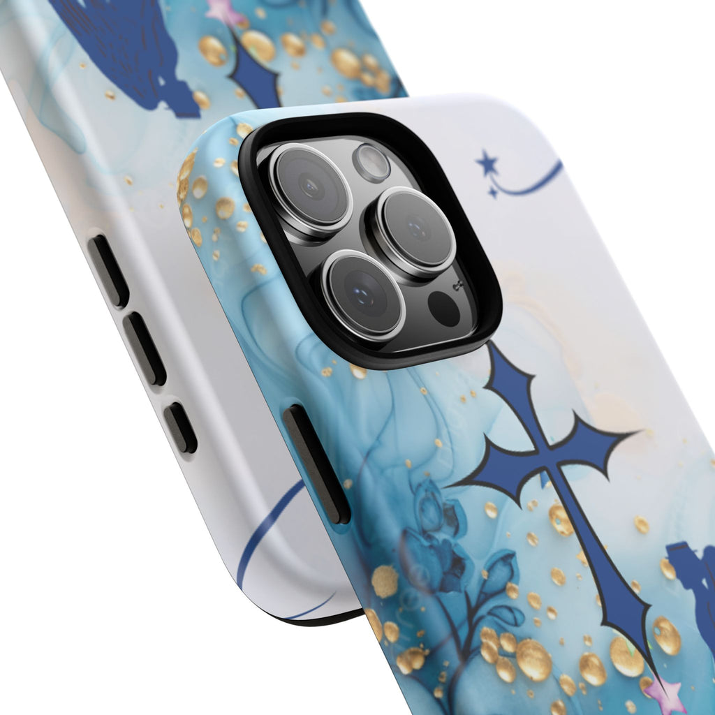 Blue Angel Cross Phone Case — Floral Guardian iPhone Cover