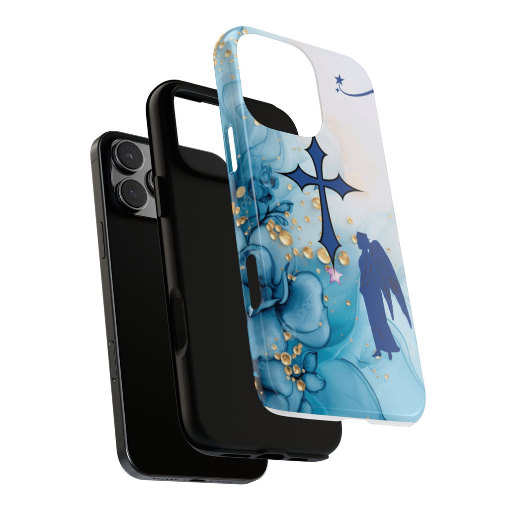 Blue Angel Cross Phone Case — Floral Guardian iPhone Cover