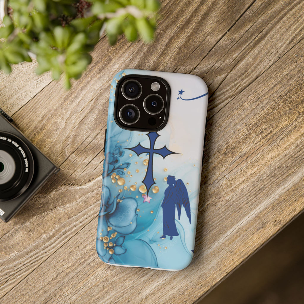 Blue Angel Cross Phone Case — Floral Guardian iPhone Cover