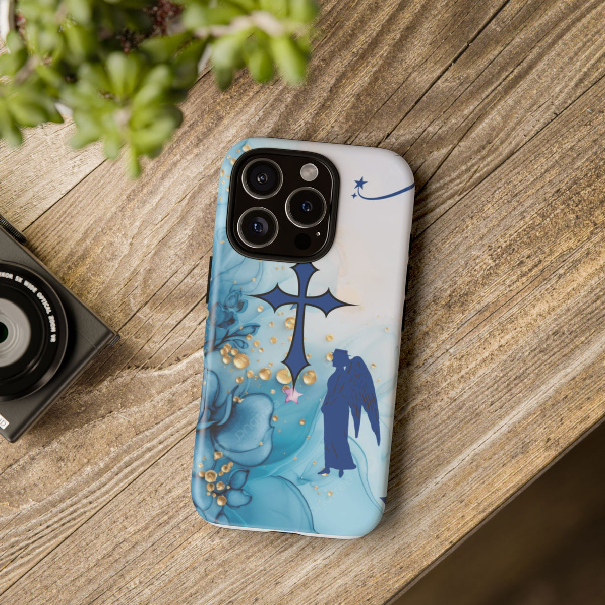 Blue Angel Cross Phone Case — Floral Guardian iPhone Cover