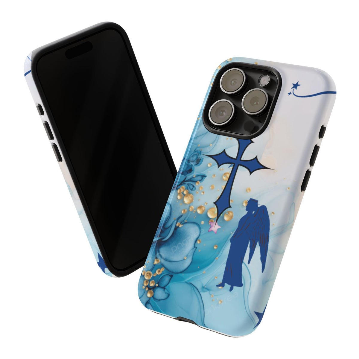 Blue Angel Cross Phone Case — Floral Guardian iPhone Cover