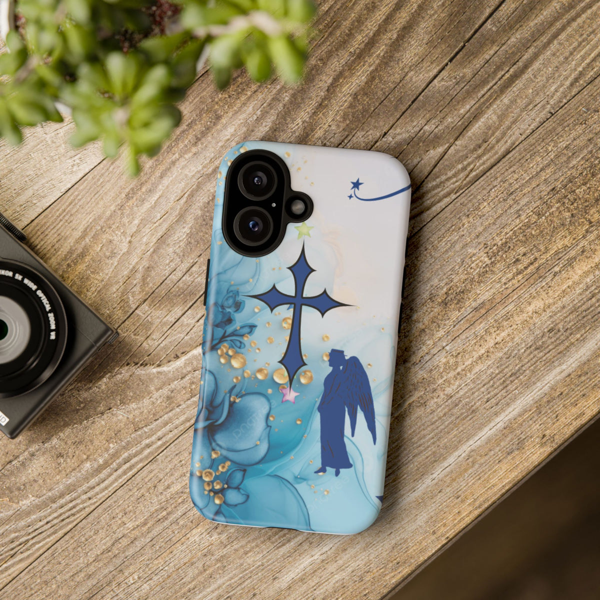 Blue Angel Cross Phone Case — Floral Guardian iPhone Cover