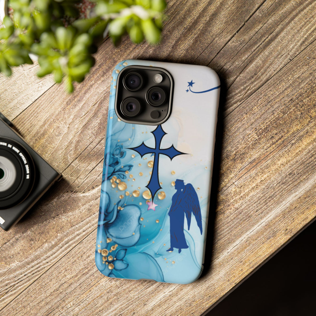 Blue Angel Cross Phone Case — Floral Guardian iPhone Cover