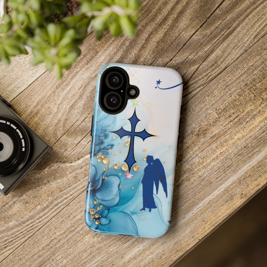 Blue Angel Cross Phone Case — Floral Guardian iPhone Cover